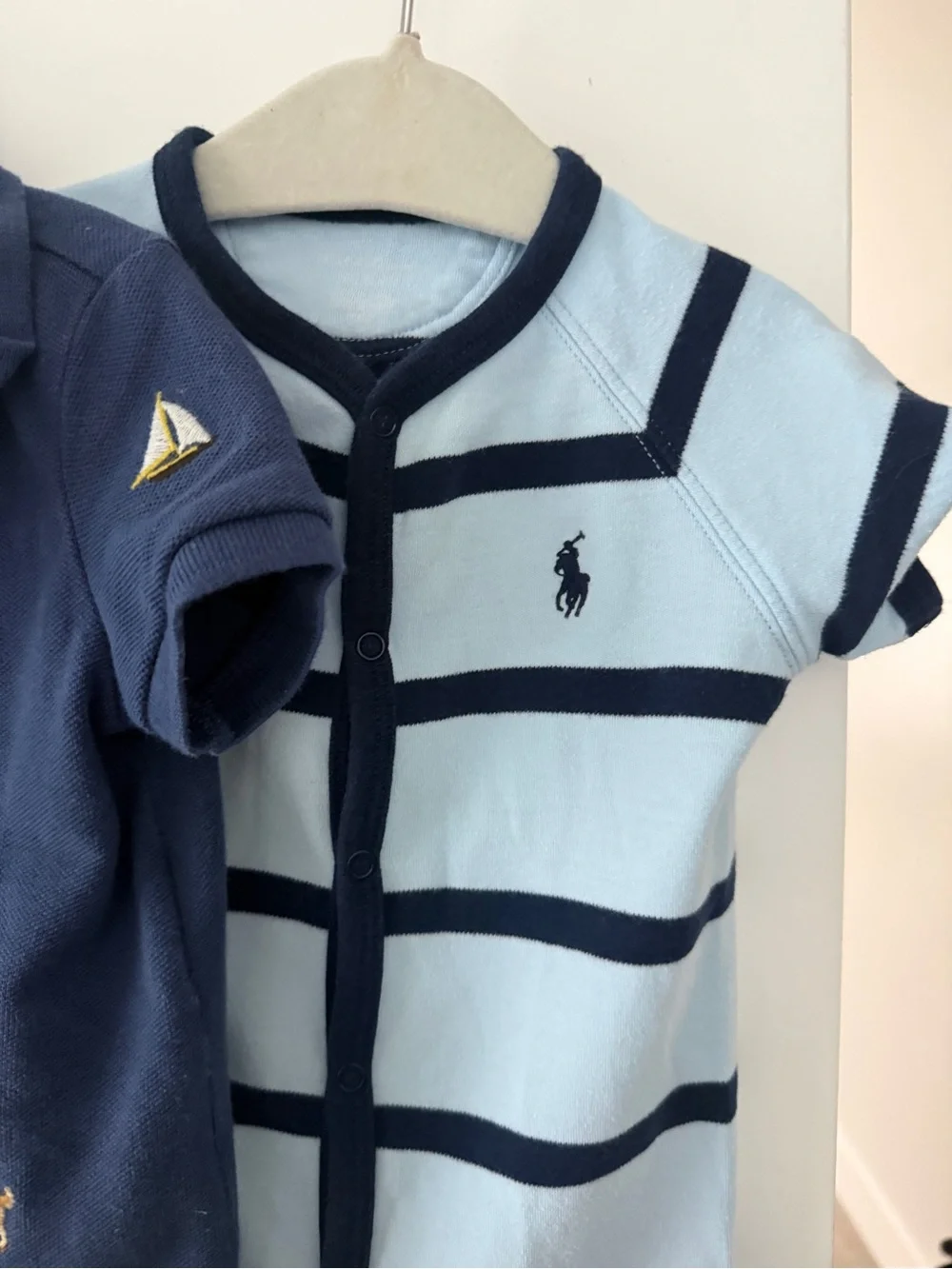 Ralph Lauren Navy Polo Romper & Light Blue Stripe Polo Romper Set